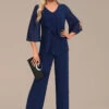 Navy Zipper Long Three Quarter Length Sleeve Jumpsuit -Modlily Shop 339381 P 16933605590280