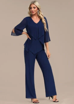 Navy Zipper Long Three Quarter Length Sleeve Jumpsuit -Modlily Shop 339381 P 16933605594304