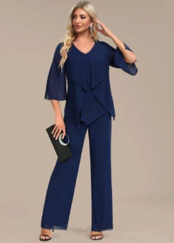 Navy Zipper Long Three Quarter Length Sleeve Jumpsuit -Modlily Shop 339381 P 16933605597095