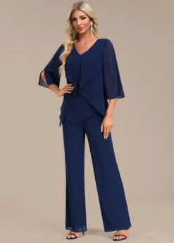 Navy Zipper Long Three Quarter Length Sleeve Jumpsuit -Modlily Shop 339381 P 16933605597762