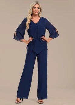 Navy Zipper Long Three Quarter Length Sleeve Jumpsuit -Modlily Shop 339381 P 16933605599663