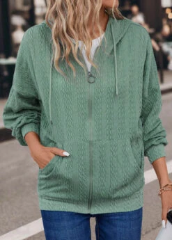 Sage Green Pocket Long Sleeve Hooded Coat -Modlily Shop 339413 P 16927994248302