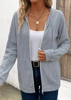 Light Grey Pocket Long Sleeve Hooded Coat -Modlily Shop 339415 P 16956203010224