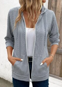 Light Grey Pocket Long Sleeve Hooded Coat