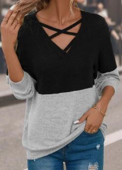 Grey Criss Cross Long Sleeve Sweatshirt -Modlily Shop 339417 P 16927994078495