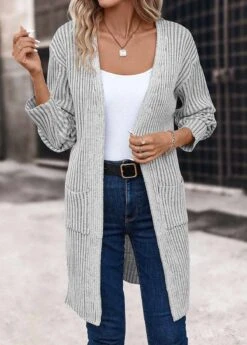 Light Grey Pocket Long Sleeve V Neck Coat -Modlily Shop 339432 P 16933919150213