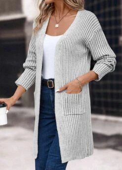 Light Grey Pocket Long Sleeve V Neck Coat -Modlily Shop 339432 P 16933919158325