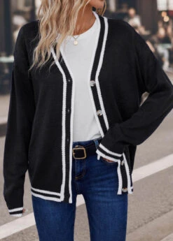 Black Button Long Sleeve V Neck Coat -Modlily Shop 339433 P 16927993861215