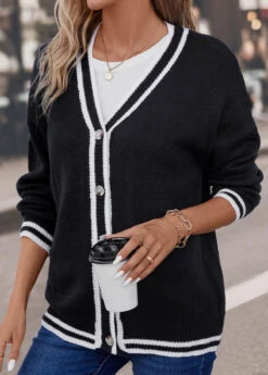 Black Button Long Sleeve V Neck Coat -Modlily Shop 339433 P 16927993865542