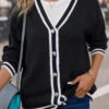 Black Button Long Sleeve V Neck Coat