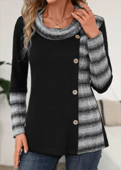 Black Patchwork Striped Long Sleeve Cowl Neck Sweatshirt 10 Black Patchwork Striped Long Sleeve Cowl Neck Sweatshirt -Modlily Shop 339439 P 16952122692403