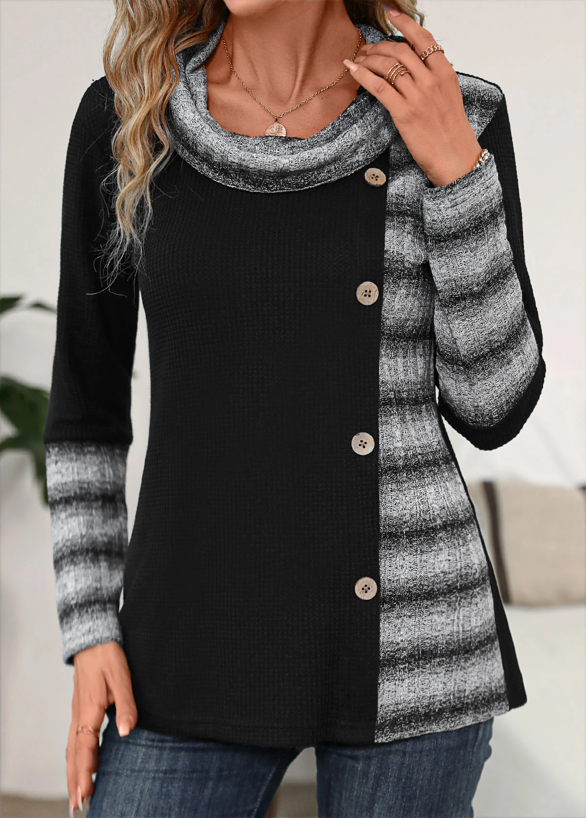 Black Patchwork Striped Long Sleeve Cowl Neck Sweatshirt 6 Black Patchwork Striped Long Sleeve Cowl Neck Sweatshirt - Image 4