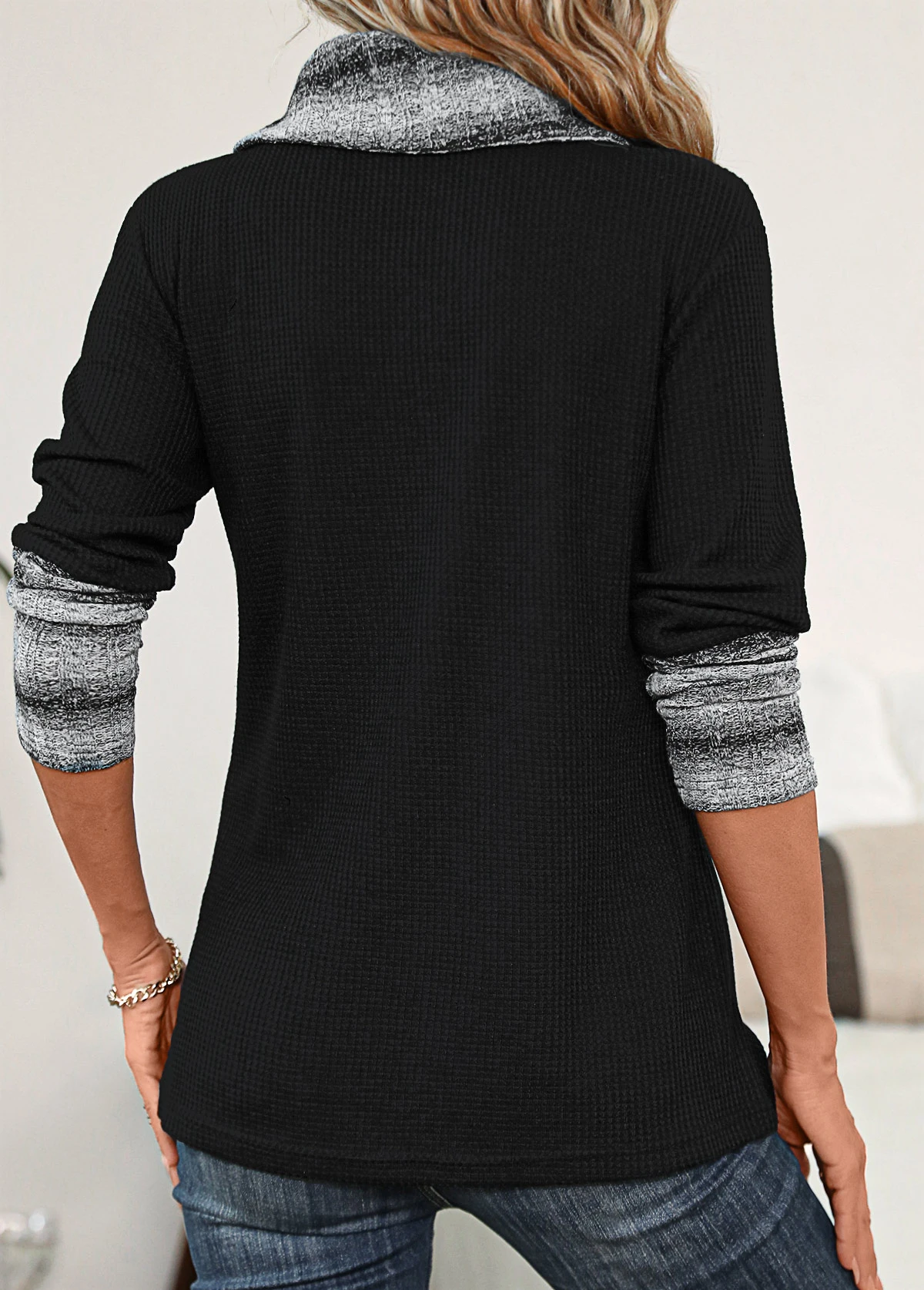 Black Patchwork Striped Long Sleeve Cowl Neck Sweatshirt 4 Black Patchwork Striped Long Sleeve Cowl Neck Sweatshirt - Image 2