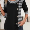 Black Patchwork Striped Long Sleeve Cowl Neck Sweatshirt -Modlily Shop 339439 P 16952122699650