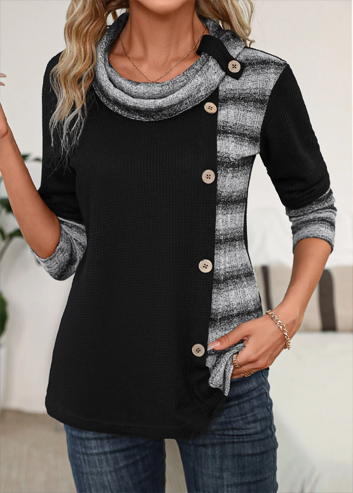 Black Patchwork Striped Long Sleeve Cowl Neck Sweatshirt 3 Black Patchwork Striped Long Sleeve Cowl Neck Sweatshirt