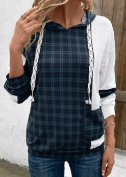 Navy Patchwork Plaid Long Sleeve Hoodie -Modlily Shop 339454 P 16966735391510