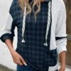 Navy Patchwork Plaid Long Sleeve Hoodie -Modlily Shop 339454 P 16966735393585