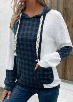 Navy Patchwork Plaid Long Sleeve Hoodie -Modlily Shop 339454 P 16966735395503