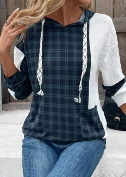 Navy Patchwork Plaid Long Sleeve Hoodie -Modlily Shop 339454 P 16966735397934