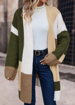 Multi Color Patchwork Long Sleeve V Neck Coat