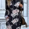 Black Drawstring Floral Print Short Long Sleeve Shift Dress -Modlily Shop 339475 P 1692788584617