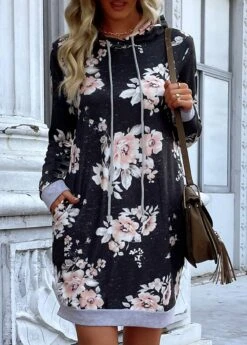 Black Drawstring Floral Print Short Long Sleeve Shift Dress
