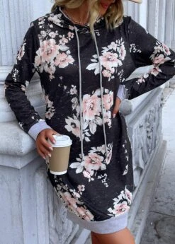 Black Drawstring Floral Print Short Long Sleeve Shift Dress -Modlily Shop 339475 P 1692788585796