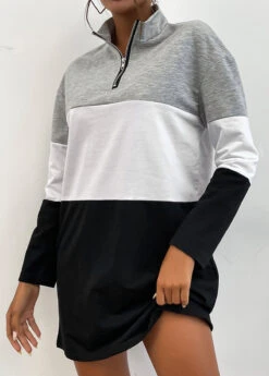Grey Zipper Long Sleeve Stand Collar Sweatshirt