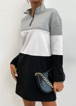 Grey Zipper Long Sleeve Stand Collar Sweatshirt -Modlily Shop 339476 P 1692788689387