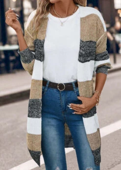 Dark Grey Weave Long Sleeve V Neck Coat -Modlily Shop 339481 P 16932040439164