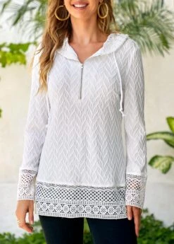 White Lace Drawstring Long Sleeve Hoodie