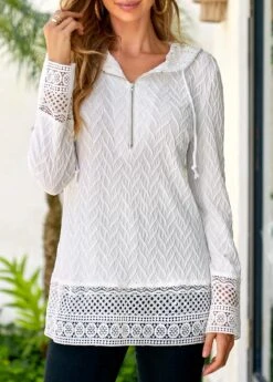 White Lace Drawstring Long Sleeve Hoodie -Modlily Shop 339488 P 16910498954792