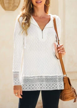White Lace Drawstring Long Sleeve Hoodie -Modlily Shop 339488 P 16910498959114