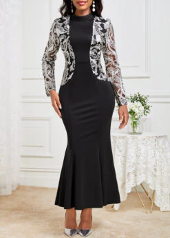 Black Lace Long Sleeve Round Neck Dress -Modlily Shop 339551 P 16974524661193