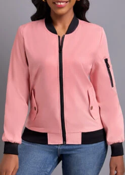 Dusty Pink Patchwork Long Sleeve Stand Collar Coat