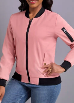 Dusty Pink Patchwork Long Sleeve Stand Collar Coat -Modlily Shop 339560 P 16920133353452