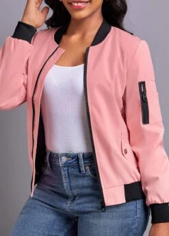 Dusty Pink Patchwork Long Sleeve Stand Collar Coat -Modlily Shop 339560 P 16920133356843