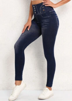 Denim Blue Denim-effect Print High Waisted Leggings -Modlily Shop 339601 P 16920054410604