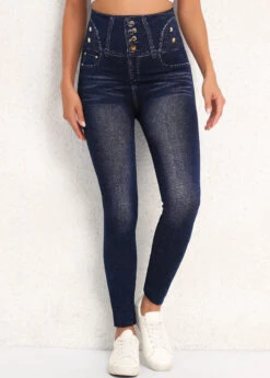 Denim Blue Denim-effect Print High Waisted Leggings -Modlily Shop 339601 P 16920054413963