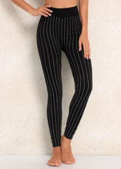 Black Striped High Waisted Ankle Length Leggings -Modlily Shop 339603 P 16920130880742