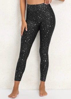 Black High Waisted Ankle Length Hot Stamping Leggings -Modlily Shop 339609 P 16920053985944
