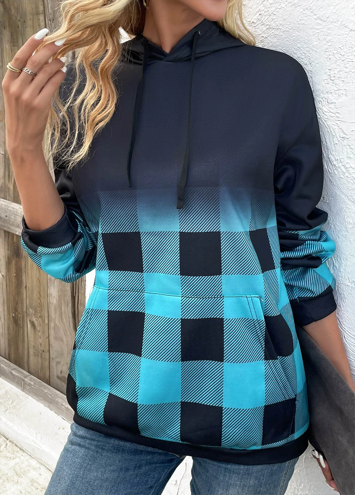Blue Drawstring Plaid Long Sleeve Hoodie 6 Blue Drawstring Plaid Long Sleeve Hoodie - Image 4