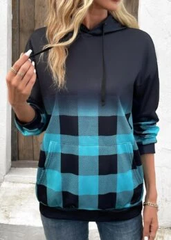 Blue Drawstring Plaid Long Sleeve Hoodie 13 Blue Drawstring Plaid Long Sleeve Hoodie -Modlily Shop 339626 P 16921741782925