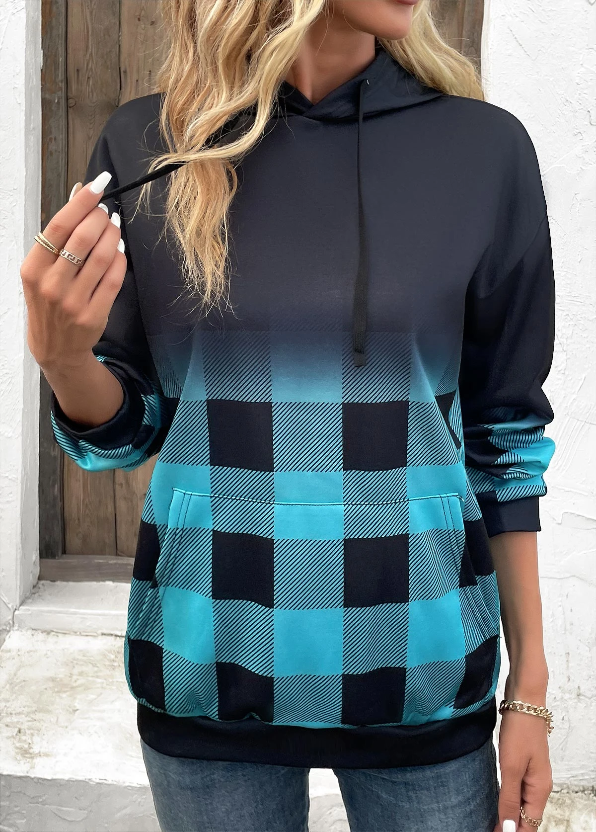 Blue Drawstring Plaid Long Sleeve Hoodie 8 Blue Drawstring Plaid Long Sleeve Hoodie - Image 6