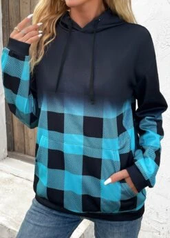 Blue Drawstring Plaid Long Sleeve Hoodie 10 Blue Drawstring Plaid Long Sleeve Hoodie -Modlily Shop 339626 P 16921741783842