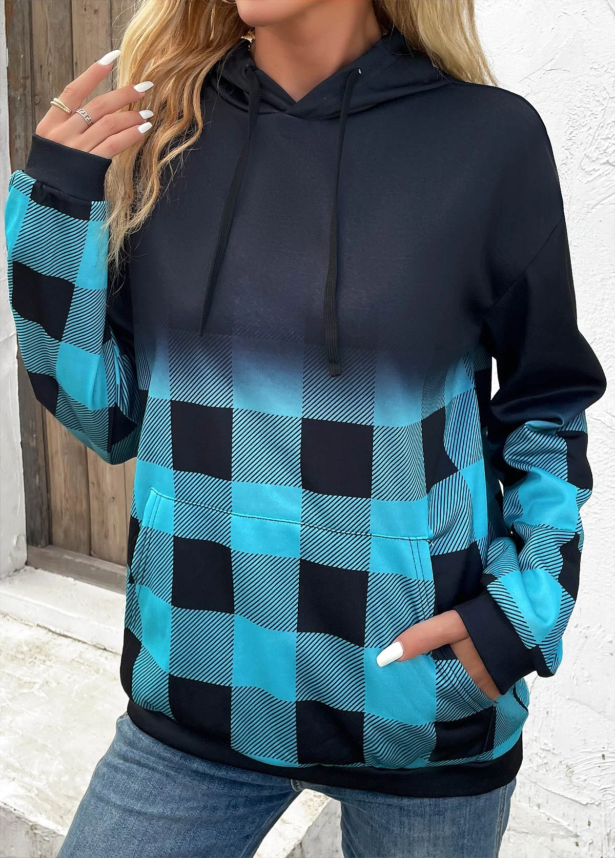 Blue Drawstring Plaid Long Sleeve Hoodie 5 Blue Drawstring Plaid Long Sleeve Hoodie - Image 3