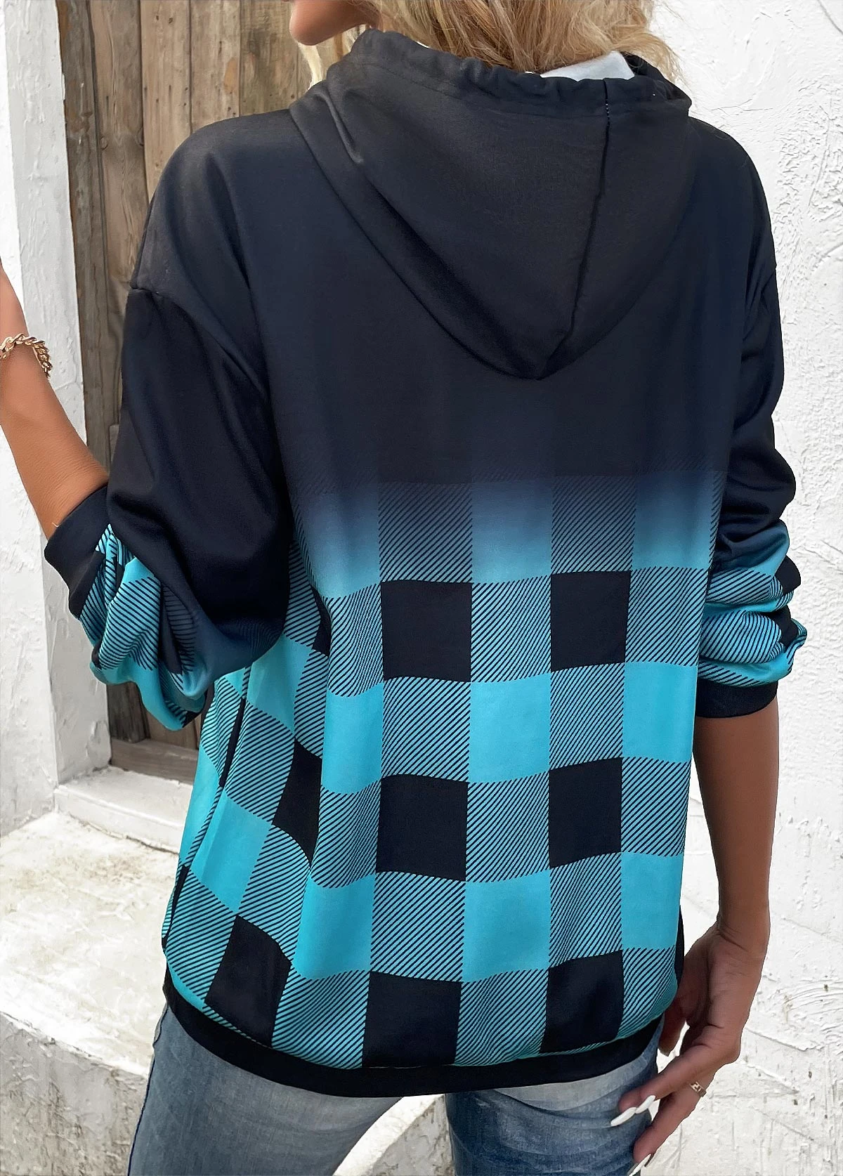 Blue Drawstring Plaid Long Sleeve Hoodie 4 Blue Drawstring Plaid Long Sleeve Hoodie - Image 2