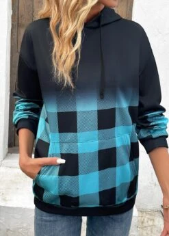 Blue Drawstring Plaid Long Sleeve Hoodie 12 Blue Drawstring Plaid Long Sleeve Hoodie -Modlily Shop 339626 P 16921741786084
