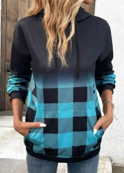 Blue Drawstring Plaid Long Sleeve Hoodie