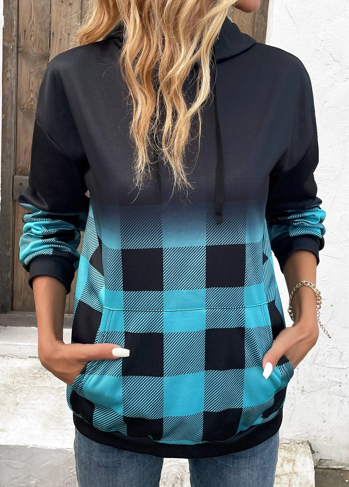 Blue Drawstring Plaid Long Sleeve Hoodie 3 Blue Drawstring Plaid Long Sleeve Hoodie